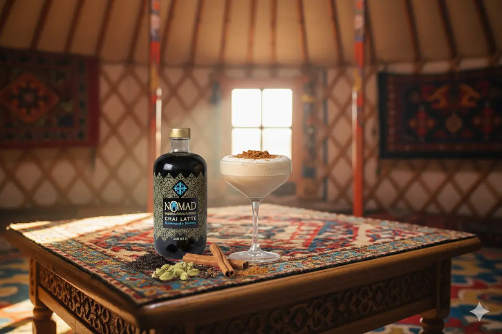 chai latte nomad  in yurt tent.webp